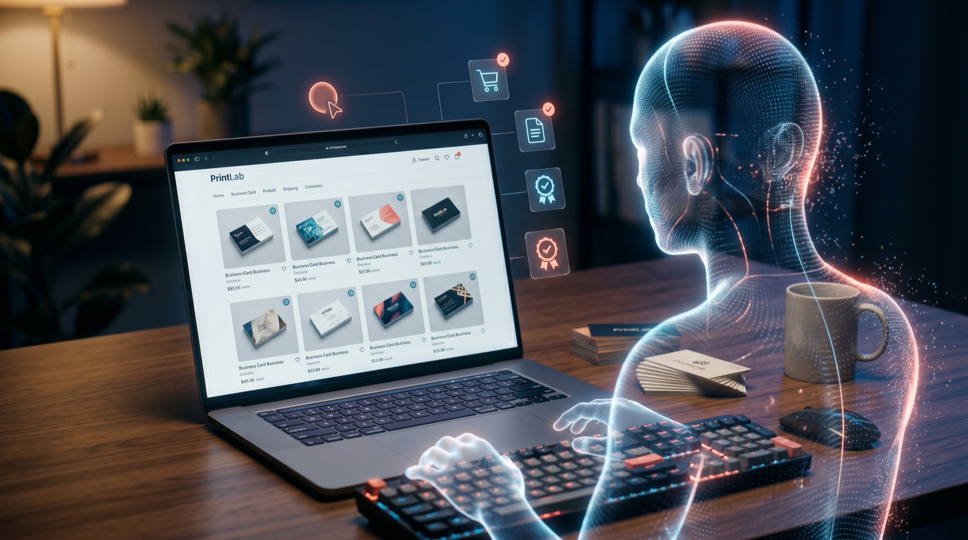 Holographic AI agent ordering print through the PrintLab webshop