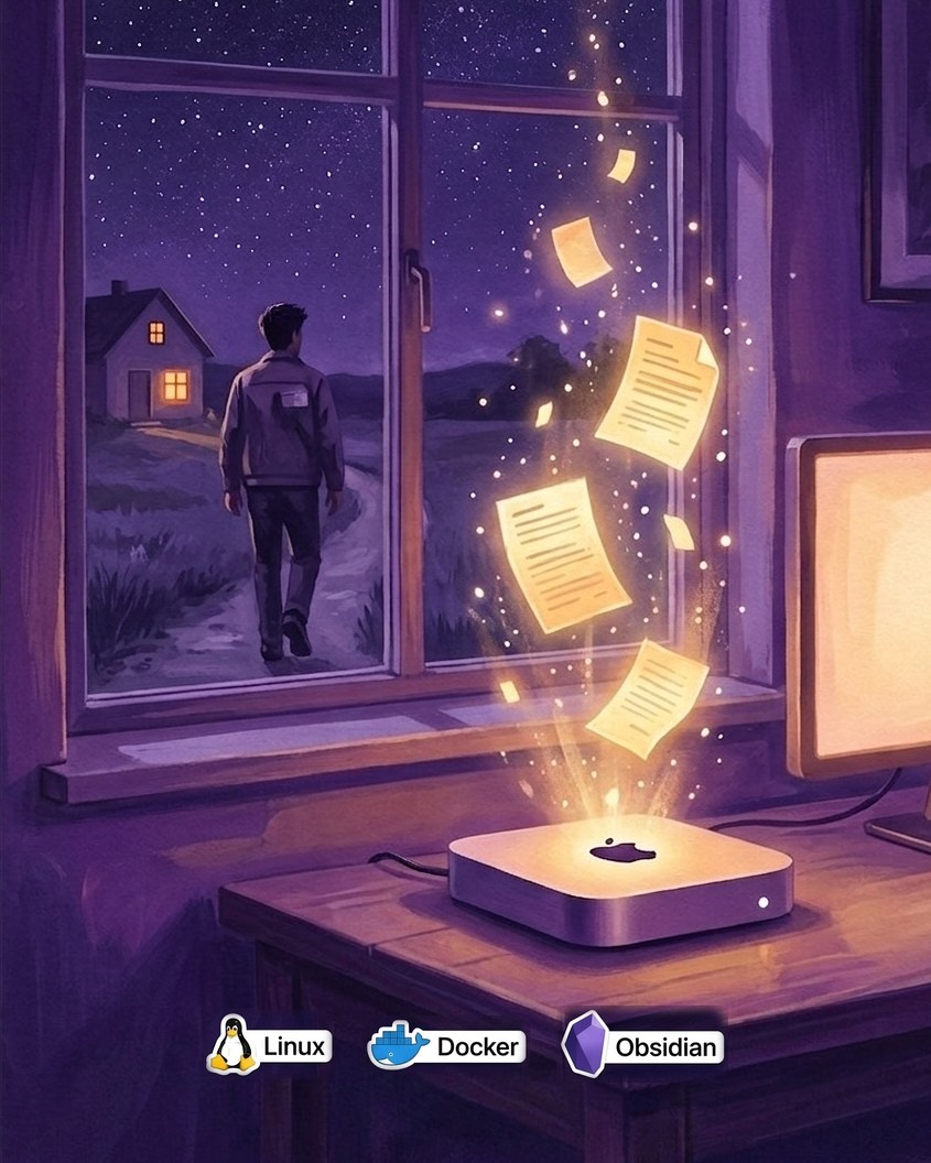 Geschilderde nachtscène: een klein toestel werkt verlicht door aan het venster terwijl iemand naar huis wandelt, met stickers van Linux, Docker en Obsidian
