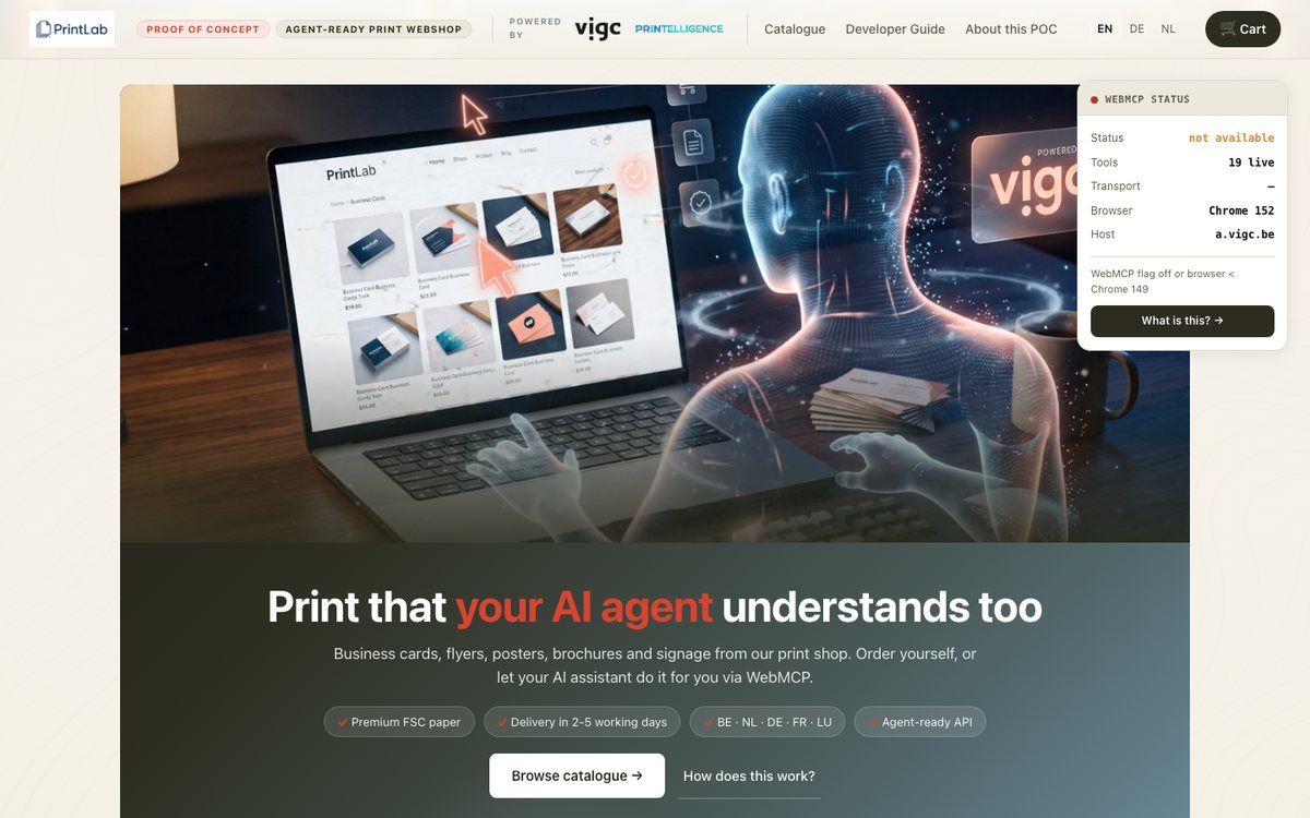 De PrintLab-webshop met de regel Print that your AI agent understands too, naast een AI-assistent die de bestelling plaatst