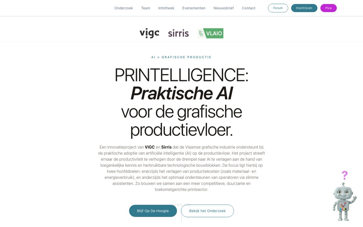 Startpagina van printelligence.online: Praktische AI voor de grafische productievloer, met de logo's van VIGC, Sirris en VLAIO